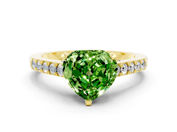 Yellow gold Heart Cut Peridot Solitaire Ring with Crossover Gallery and Round  Pavé Band