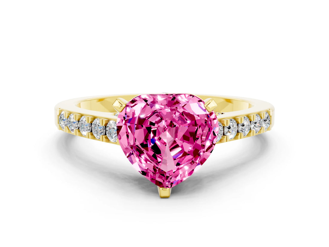 Yellow gold Heart Cut Diamond Solitaire Ring with Pavé Band and Prong Setting