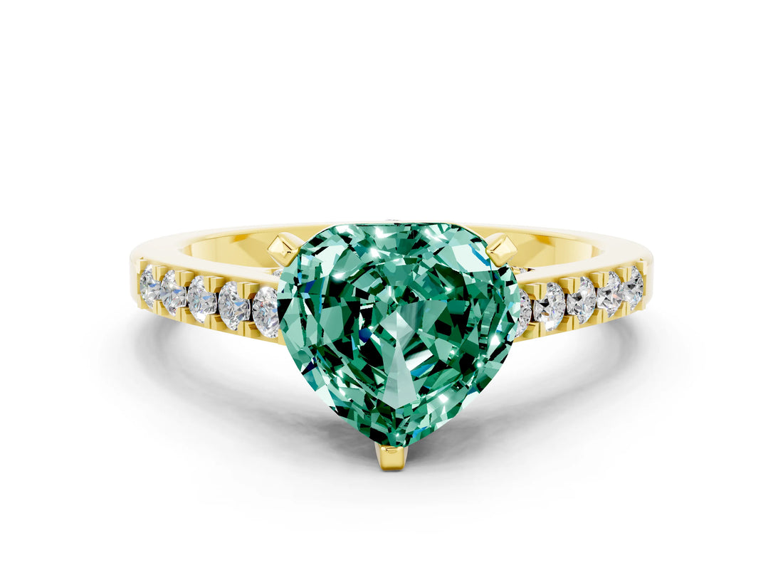 Yellow gold Heart Cut Diamond Solitaire Ring with Pavé Band and Prong Setting