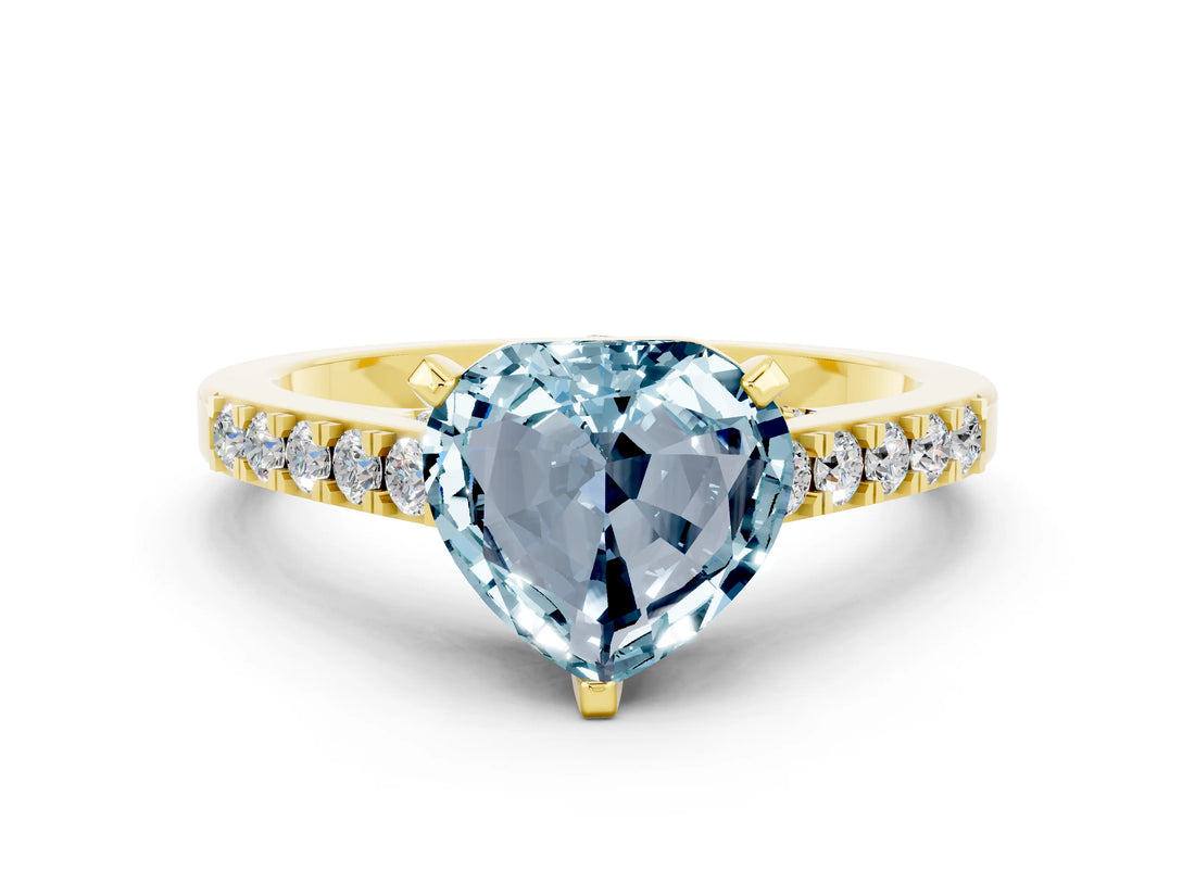 Yellow gold Heart Cut Diamond Solitaire Ring with Pavé Band and Prong Setting