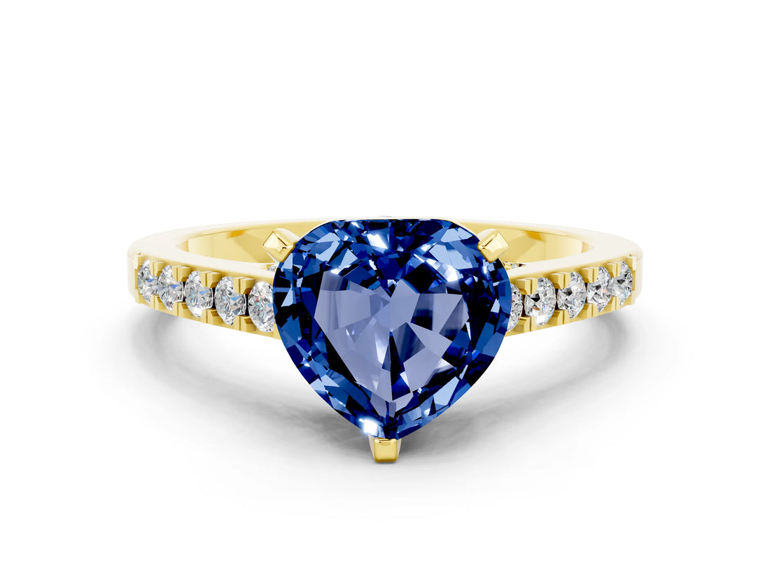 Yellow gold Heart Cut Diamond Solitaire Ring with Pavé Band and Prong Setting