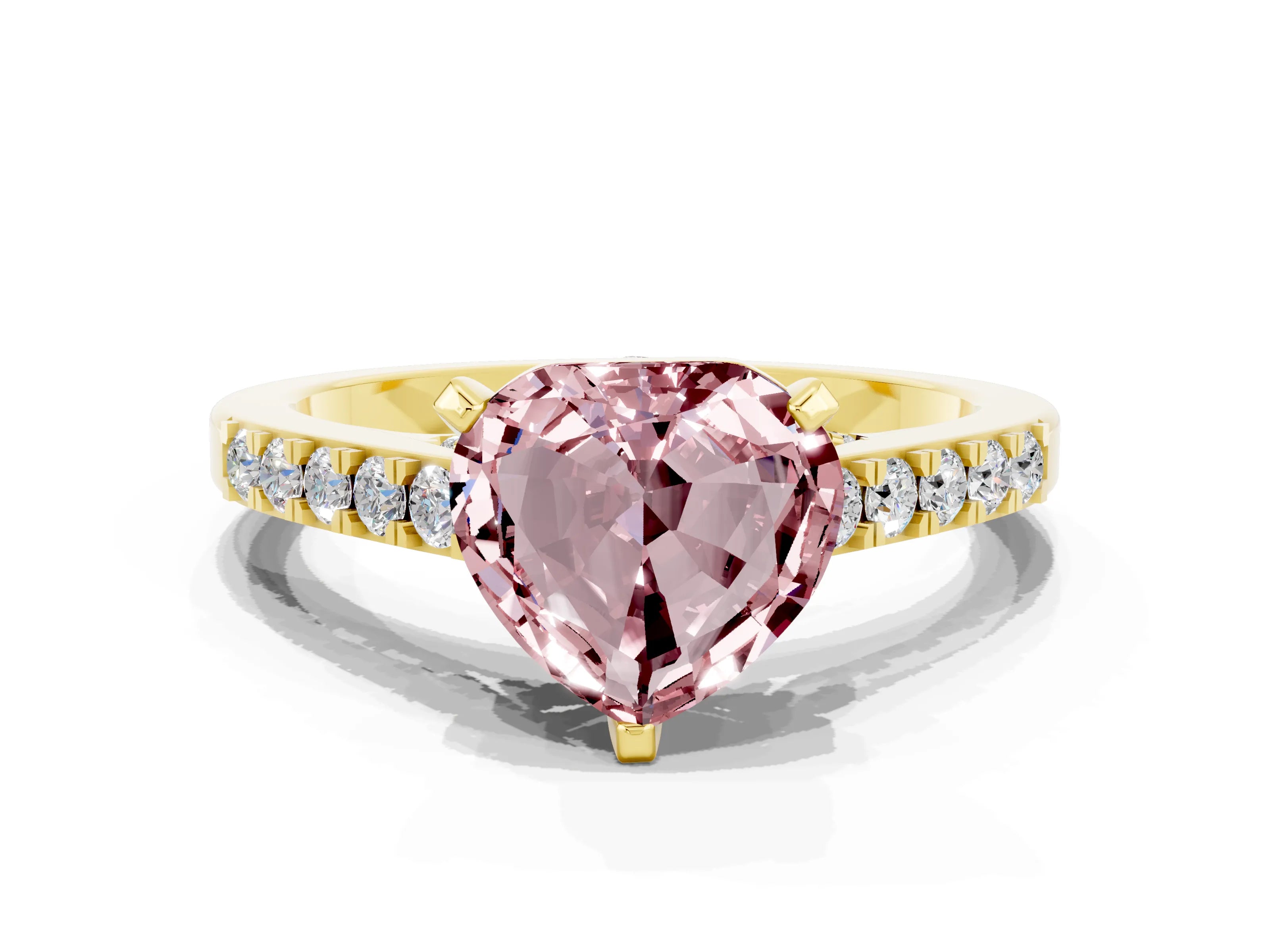 Yellow gold Heart Cut Diamond Solitaire Ring with Pavé Band and Prong Setting