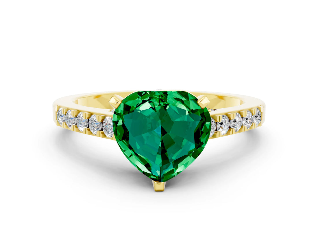 Yellow gold Heart Cut Diamond Solitaire Ring with Pavé Band and Prong Setting