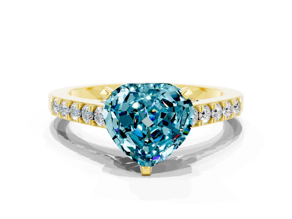 Yellow gold Heart Cut Blue Topaz Solitaire Ring with Crossover Gallery and Round  Pavé Band