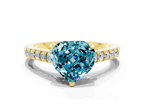 Yellow gold Heart Cut Diamond Solitaire Ring with Pavé Band and Prong Setting