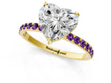 Yellow gold Heart Cut Diamond Solitaire Ring with Round with Amethyst side stone Pavé Band and Prong Setting_13