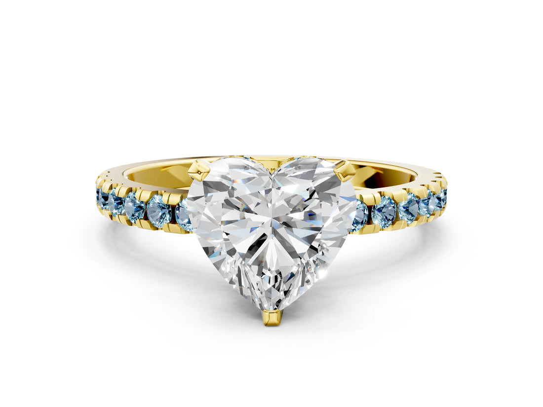 Yellow gold Heart Cut Diamond Solitaire Ring with Round with Aquamarine side stone Pavé Band and Four-Prong Setting_36