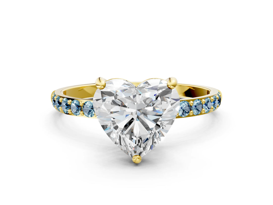 Yellow gold Heart Cut Diamond Solitaire Ring with Round with Aquamarine side stone Pavé Band and Prong Setting_24