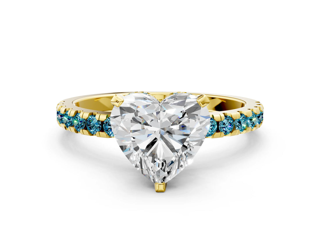 Yellow gold Heart Cut Diamond Solitaire Ring with Round with Blue Topaz side stone Pavé Band and Four-Prong Setting_36