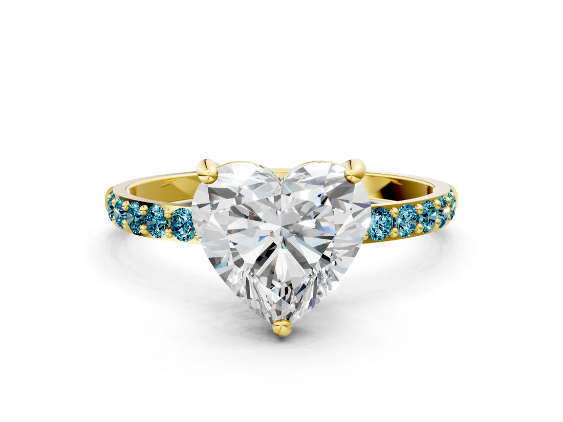 Yellow gold Heart Cut Diamond Solitaire Ring with Round with Blue Topaz side stone Pavé Band and Prong Setting_12