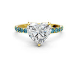 Yellow gold Heart Cut Diamond Solitaire Ring with Round with Blue Topaz side stone Pavé Band and Prong Setting_12