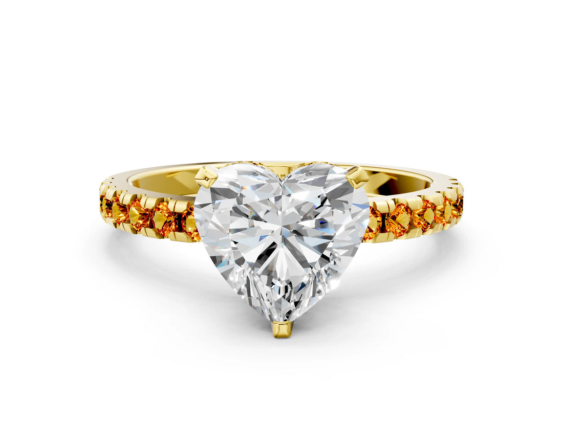 Yellow gold Heart Cut Diamond Solitaire Ring with Round with Citrine side stone Pavé Band and Four-Prong Setting_36