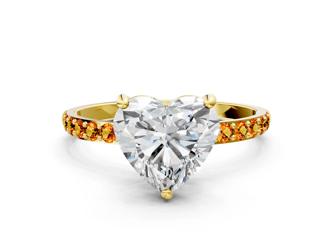 Yellow gold Heart Cut Diamond Solitaire Ring with Round with Citrine side stone Pavé Band and Prong Setting_12