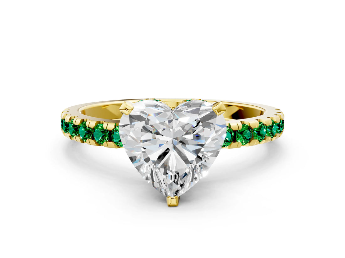 Yellow gold Heart Cut Diamond Solitaire Ring with Round with Emerald side stone Pavé Band and Four-Prong Setting_36