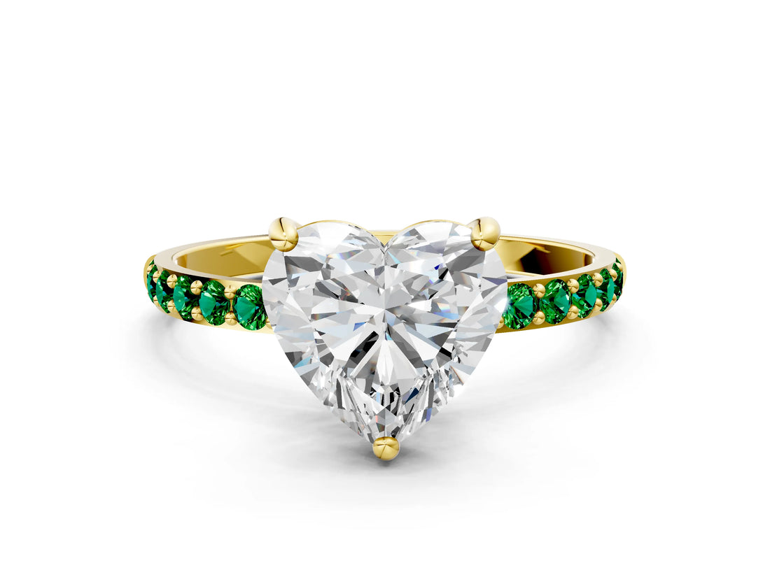 Yellow gold Heart Cut Diamond Solitaire Ring with Round with Emerald side stone Pavé Band and Prong Setting_24