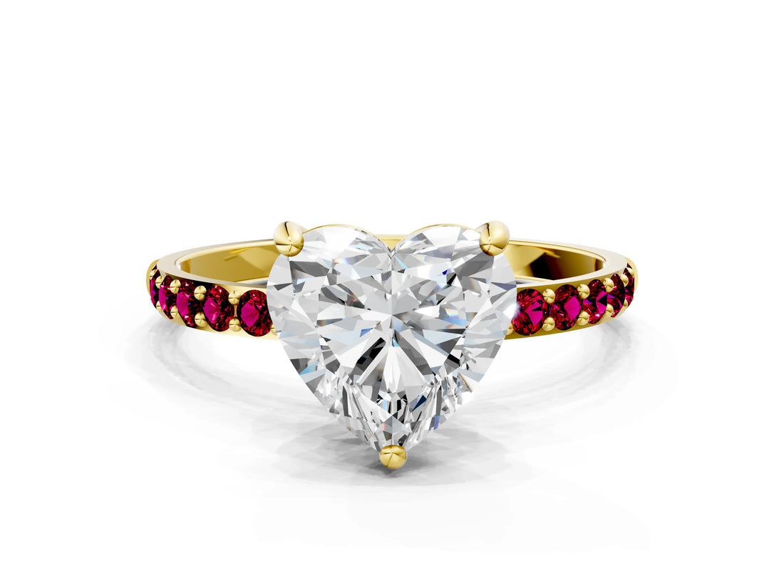 Yellow gold Heart Cut Diamond Solitaire Ring with Round with Garnet side stone Pavé Band and Prong Setting_24