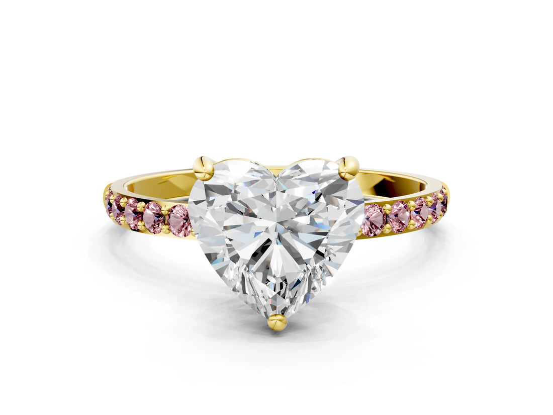 Yellow gold Heart Cut Diamond Solitaire Ring with Round with Morganite side stone Pavé Band and Prong Setting_12