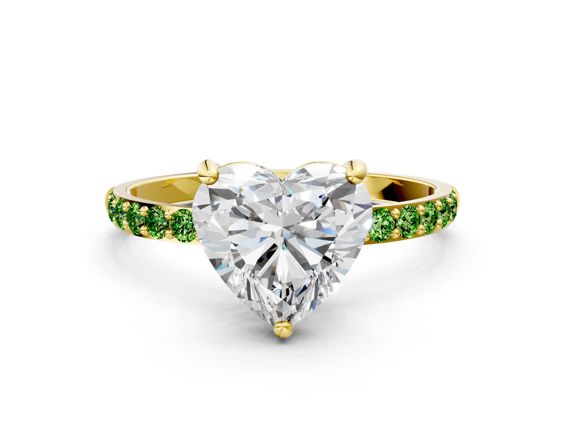 Yellow gold Heart Cut Diamond Solitaire Ring with Round with Peridot side stone Pavé Band and Prong Setting