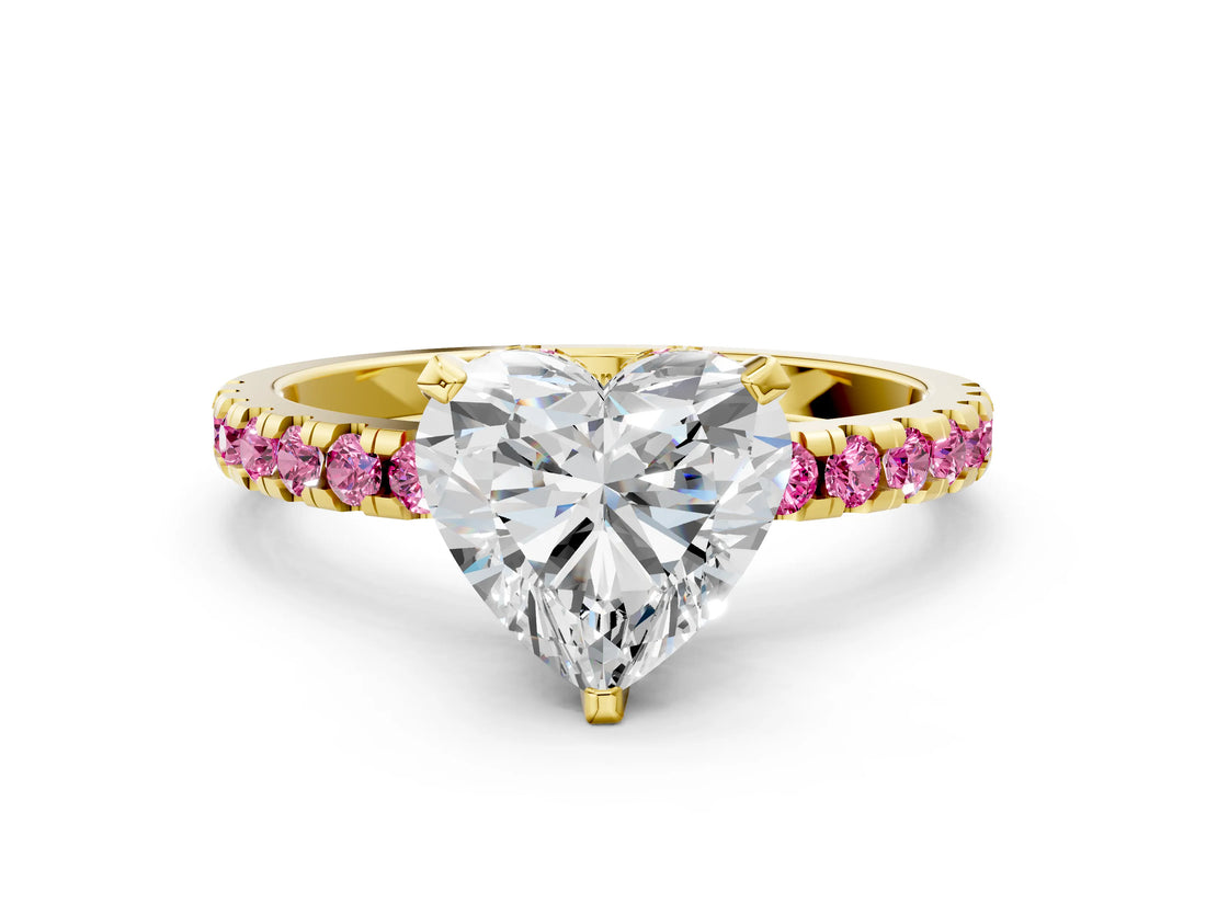 Yellow gold Heart Cut Diamond Solitaire Ring with Round with Pink Sapphire side stone Pavé Band and Four-Prong Setting_36