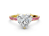 Yellow gold Heart Cut Diamond Solitaire Ring with Round with Pink Sapphire side stone Pavé Band and Prong Setting_12