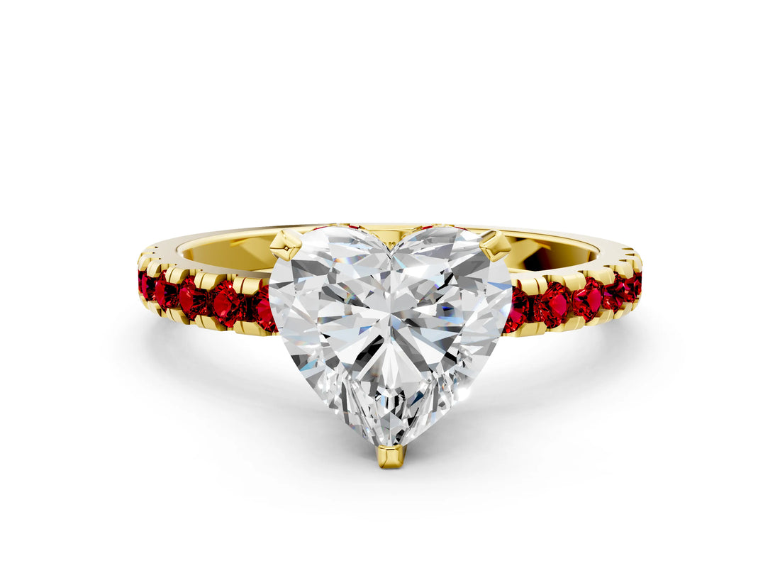 Yellow gold Heart Cut Diamond Solitaire Ring with Round with Ruby side stone Pavé Band and Four-Prong Setting_36