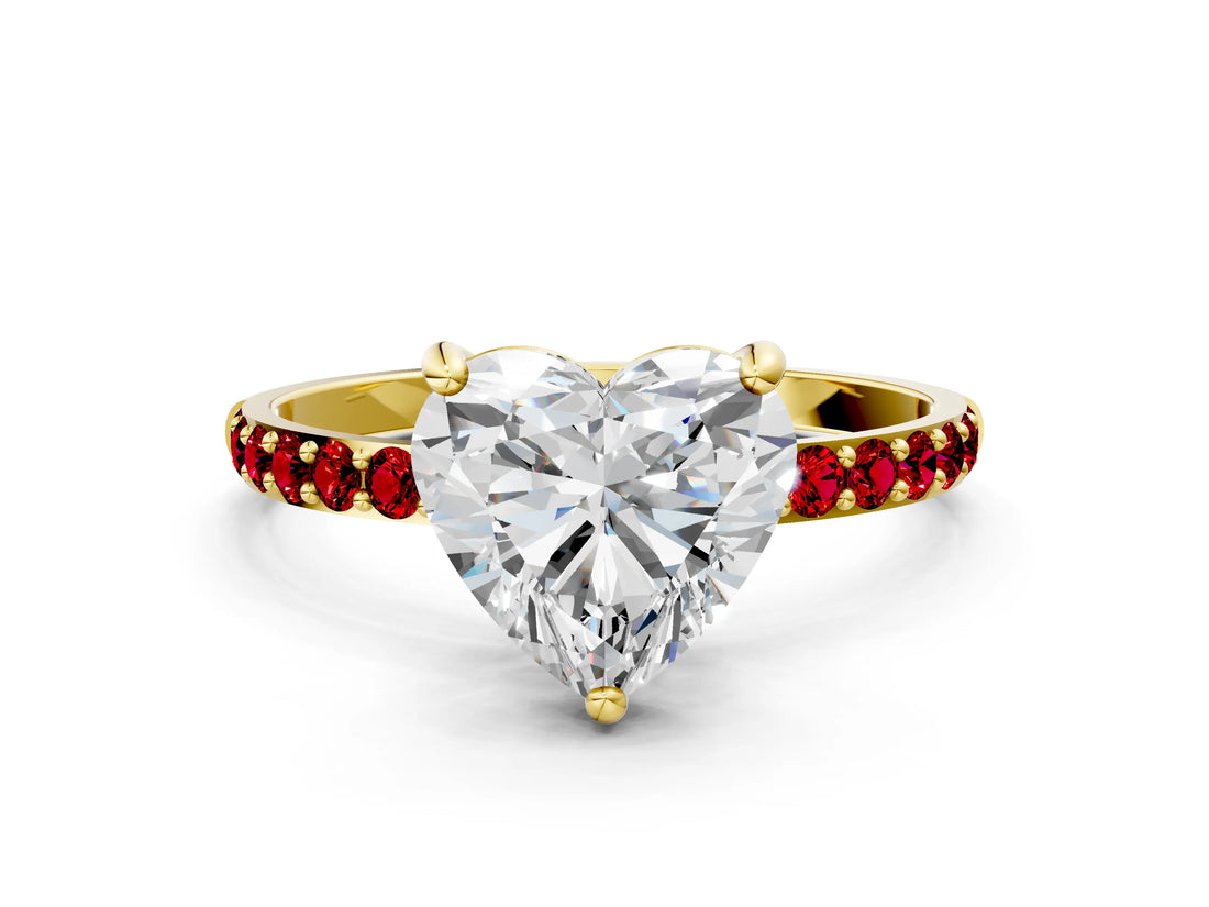 Yellow gold Heart Cut Diamond Solitaire Ring with Round with Ruby side stone Pavé Band and Prong Setting_36