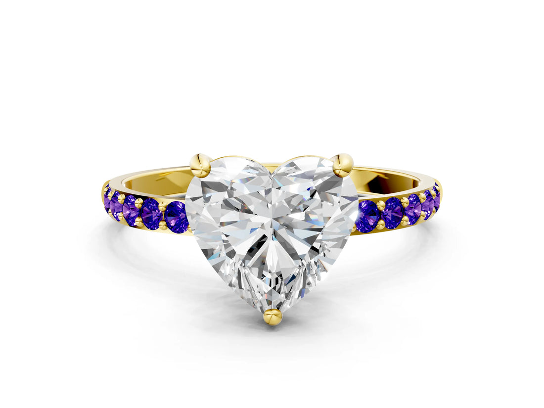 Yellow gold Heart Cut Diamond Solitaire Ring with Round with Tanzanite side stone Pavé Band and Prong Setting_12