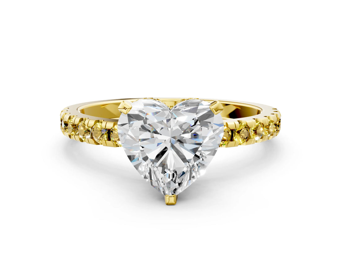 Yellow gold Heart Cut Diamond Solitaire Ring with Round with Yellow Sapphire side stone Pavé Band and Four-Prong Setting_36