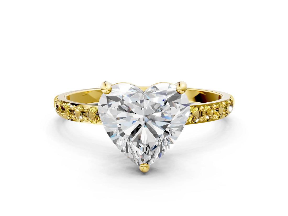 Yellow gold Heart Cut Diamond Solitaire Ring with Round with Yellow Sapphire side stone Pavé Band and Prong Setting_12