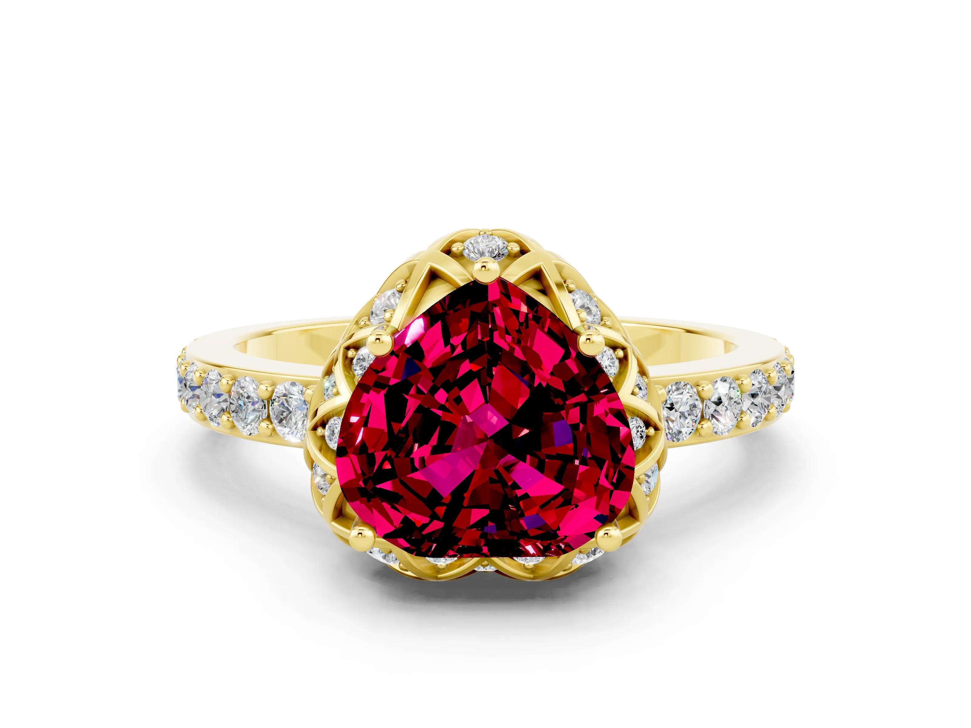 Yellow gold Heart Cut Diamond Solitaire Ring with Shared Prong Pavé Band