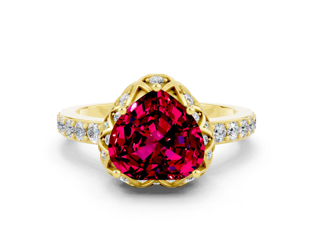 Yellow gold Heart Cut Diamond Solitaire Ring with Shared Prong Pavé Band