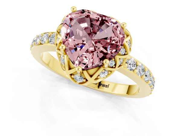 Yellow gold Heart Cut Diamond Solitaire Ring with Shared Prong Pavé Band