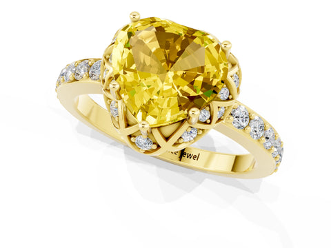 Yellow gold Heart Cut Diamond Solitaire Ring with Shared Prong Pavé Band_1