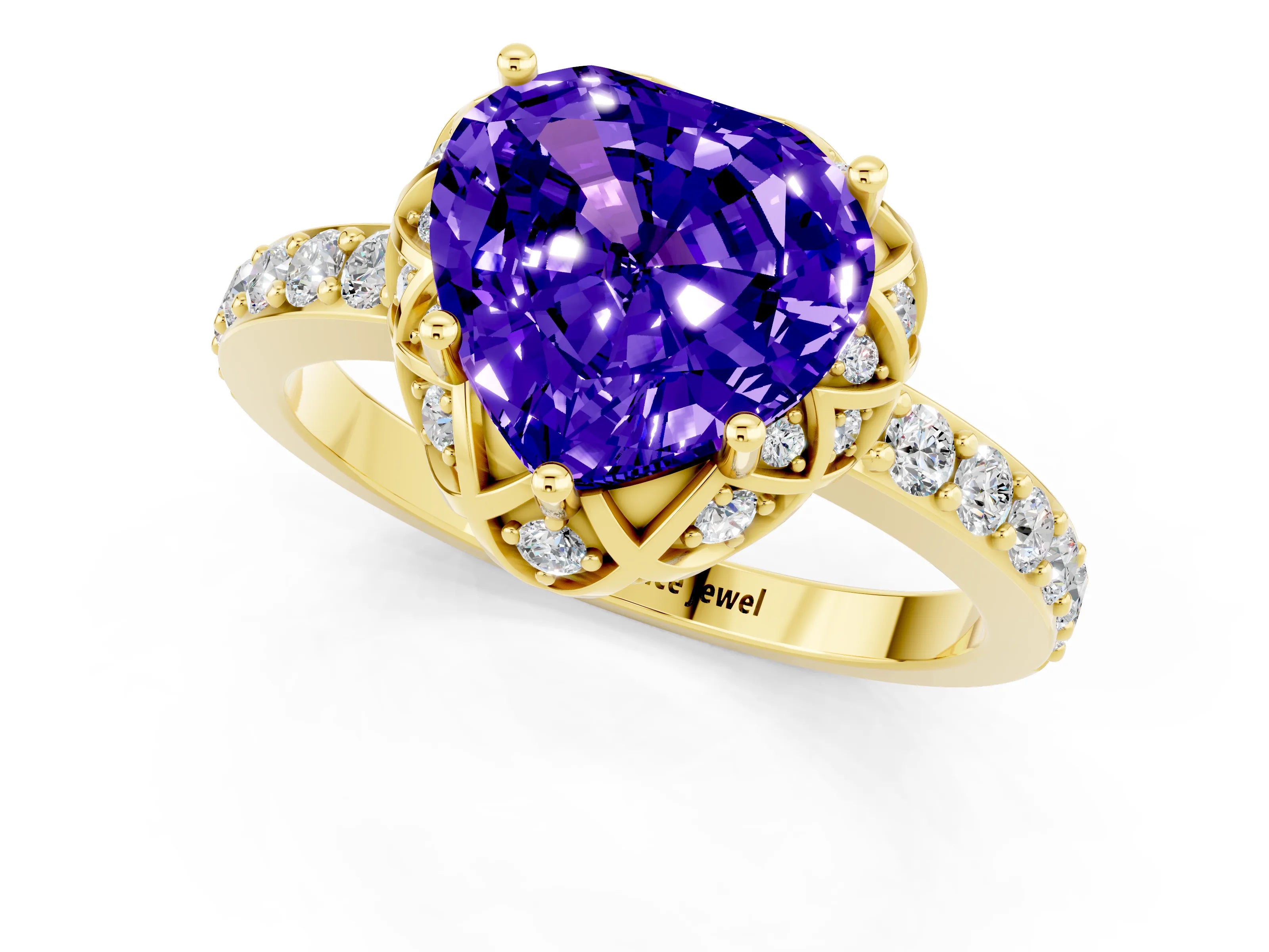 Yellow gold Heart Cut Diamond Solitaire Ring with Shared Prong Pavé Band_1