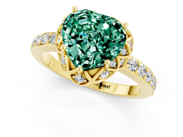 Yellow gold Heart Cut Green Sapphire Scalloped Halo Engagement Ring with Round Shared Prong Band
