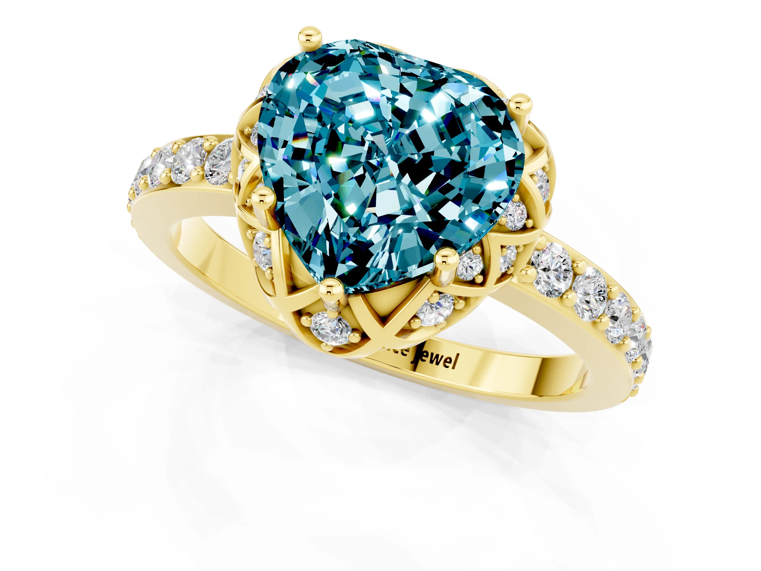Yellow gold Heart Cut Diamond Solitaire Ring with Shared Prong Pavé Band_1