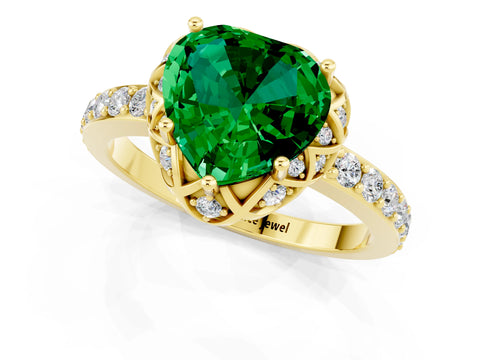 Yellow gold Heart Cut Diamond Solitaire Ring with Shared Prong Pavé Band_1
