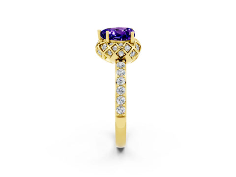 Yellow gold Heart Cut Diamond Solitaire Ring with Shared Prong Pavé Band_2