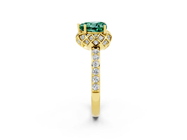 Yellow gold Heart Cut Green Sapphire Scalloped Halo Engagement Ring with Round Shared Prong Band