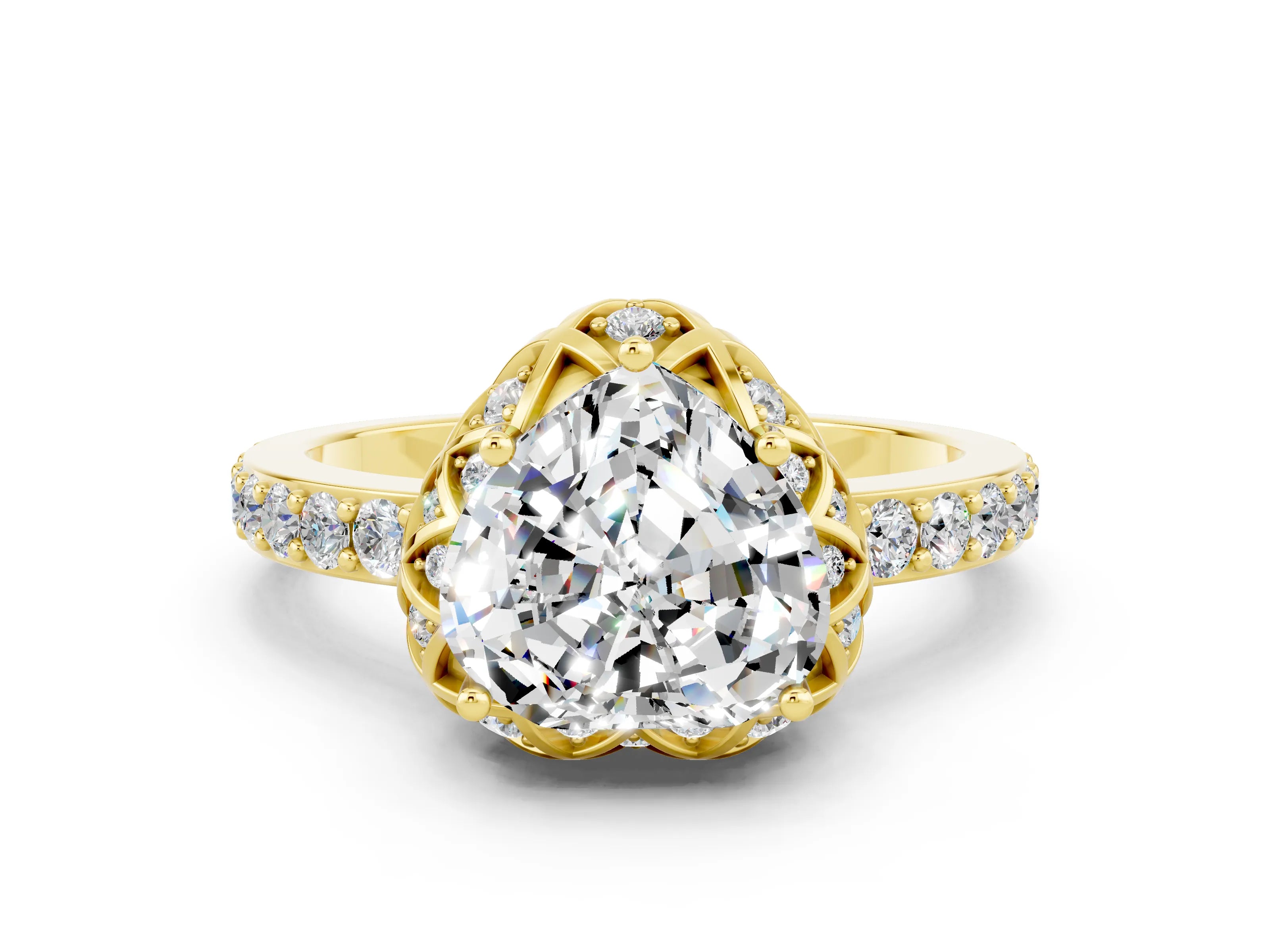 Yellow gold Heart Cut Diamond Solitaire Ring with Shared Prong Pavé Band