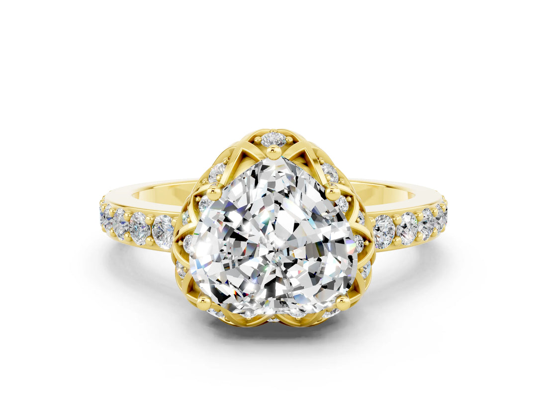 Yellow gold Heart Cut Diamond Solitaire Ring with Shared Prong Pavé Band