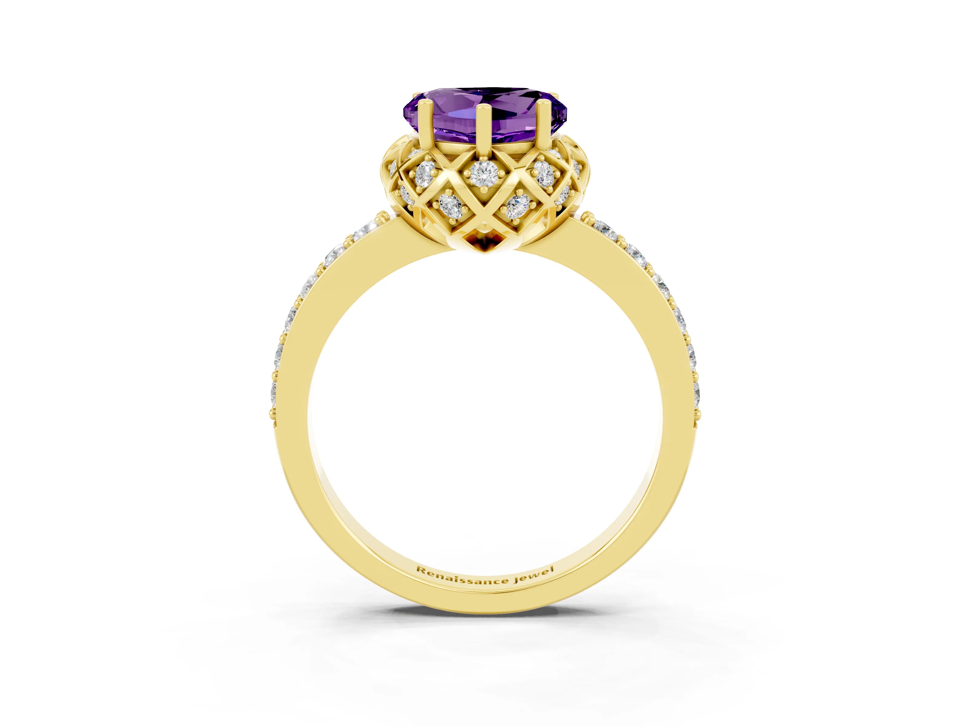 Yellow gold Heart Cut Diamond Solitaire Ring with Shared Prong Pavé Band_3