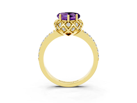 Yellow gold Heart Cut Diamond Solitaire Ring with Shared Prong Pavé Band_3