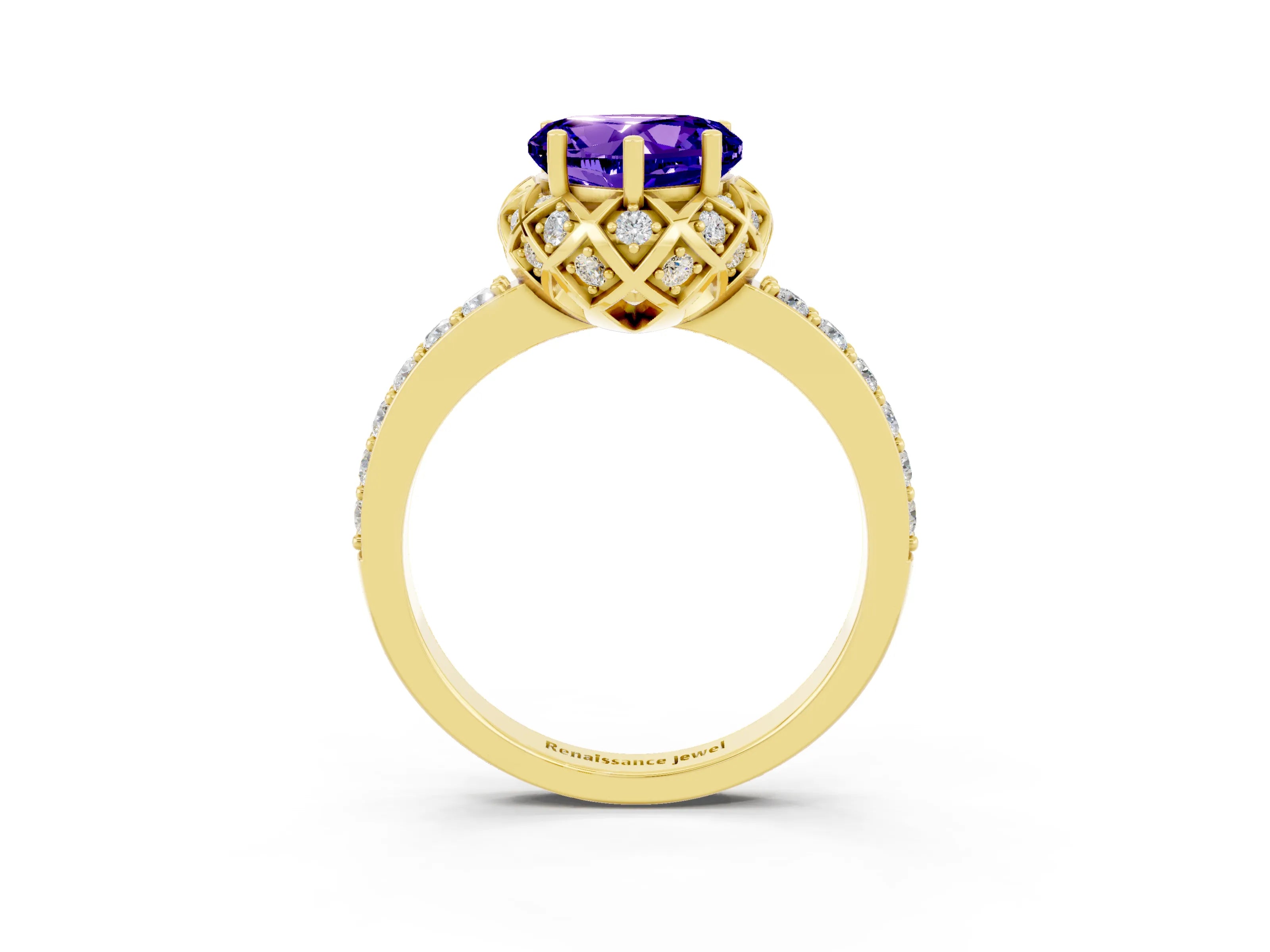Yellow gold Heart Cut Diamond Solitaire Ring with Shared Prong Pavé Band_3
