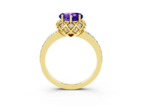 Yellow gold Heart Cut Diamond Solitaire Ring with Shared Prong Pavé Band_3