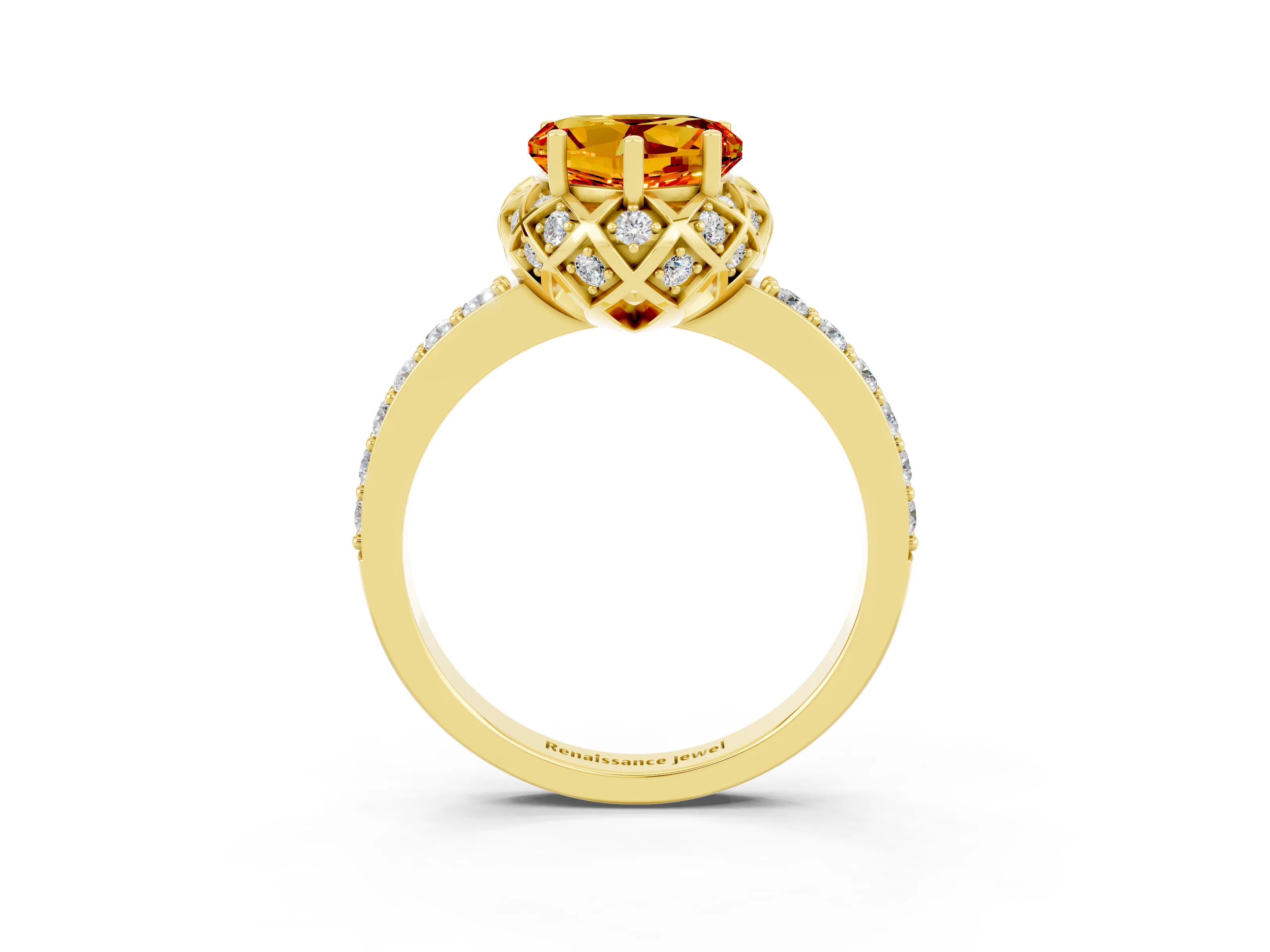 Yellow gold Heart Cut Diamond Solitaire Ring with Shared Prong Pavé Band_3
