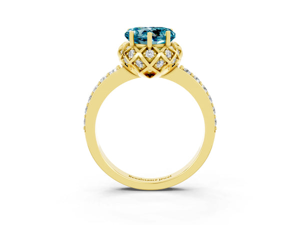 Yellow gold Heart Cut Diamond Solitaire Ring with Shared Prong Pavé Band