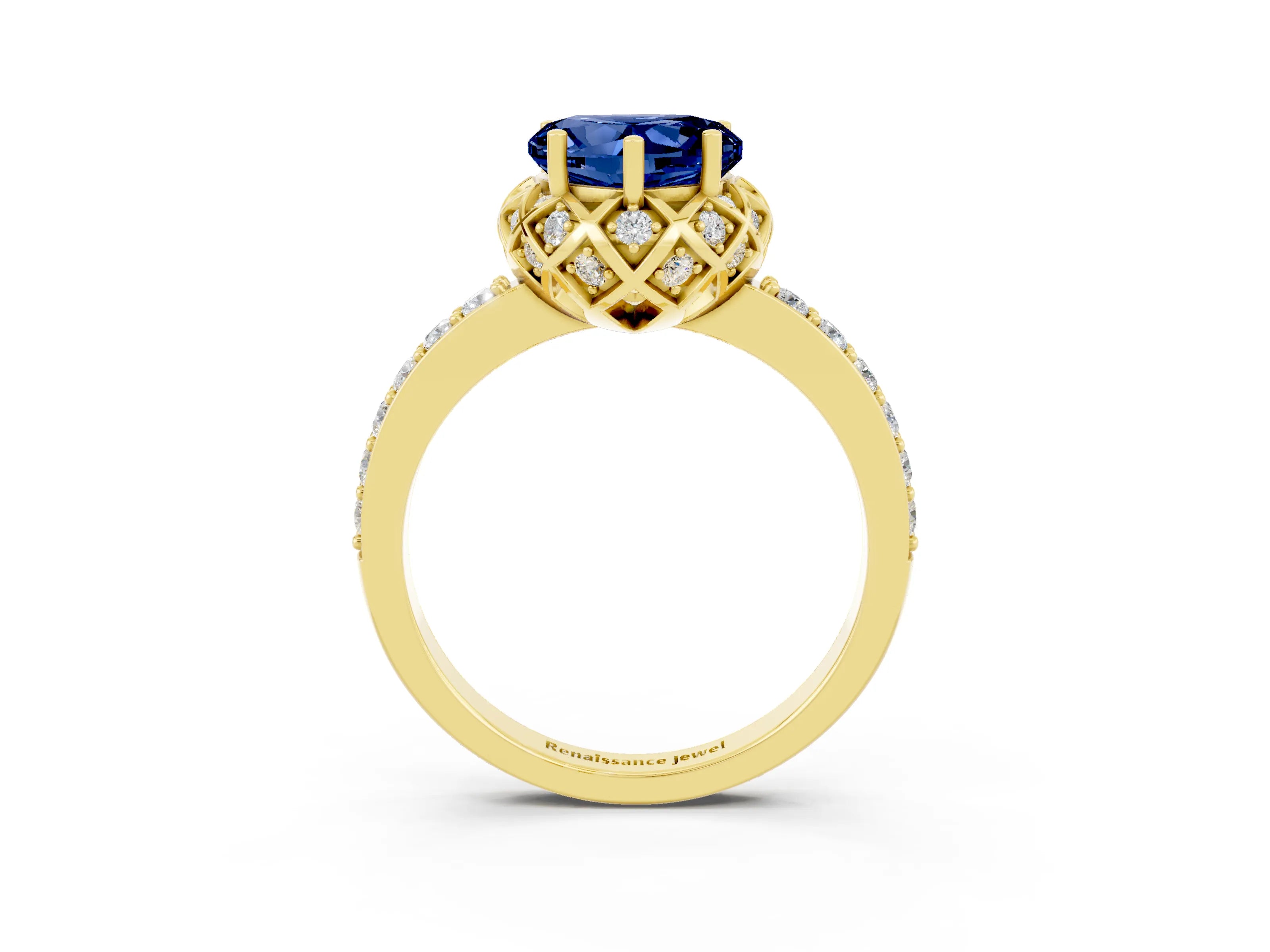 Yellow gold Heart Cut Diamond Solitaire Ring with Shared Prong Pavé Band_3