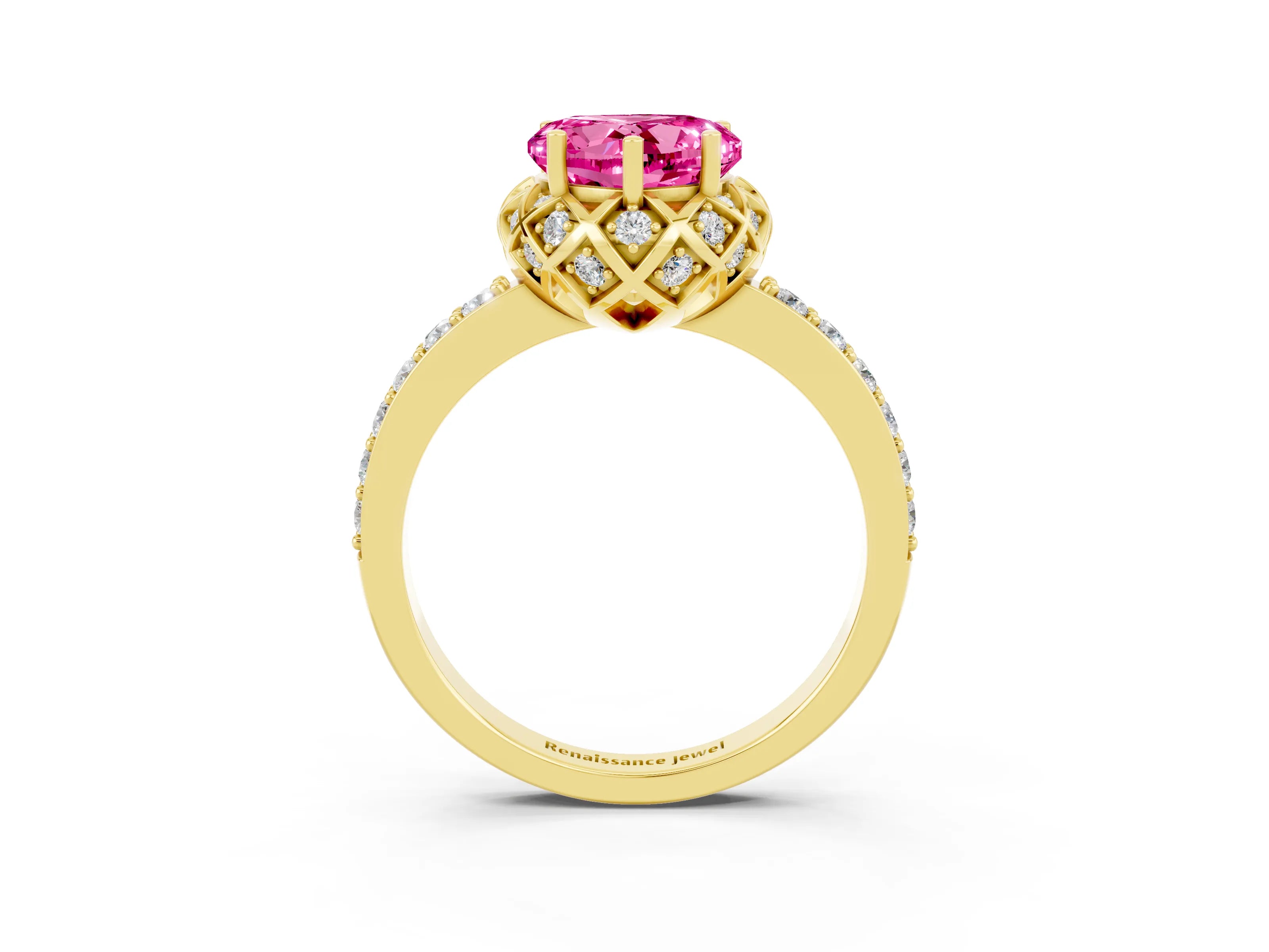 Yellow gold Heart Cut Diamond Solitaire Ring with Shared Prong Pavé Band_3