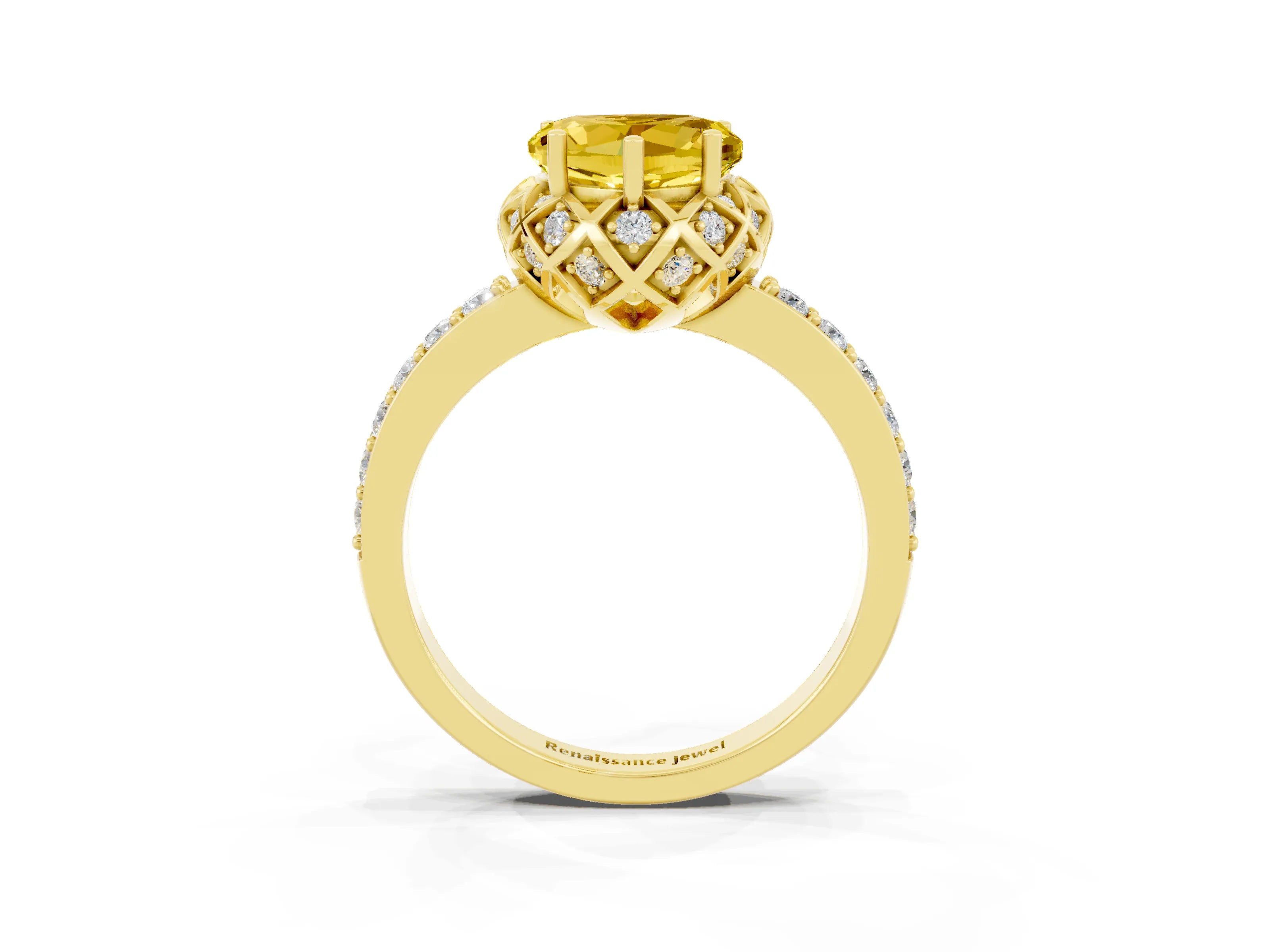 Yellow gold Heart Cut Diamond Solitaire Ring with Shared Prong Pavé Band_3